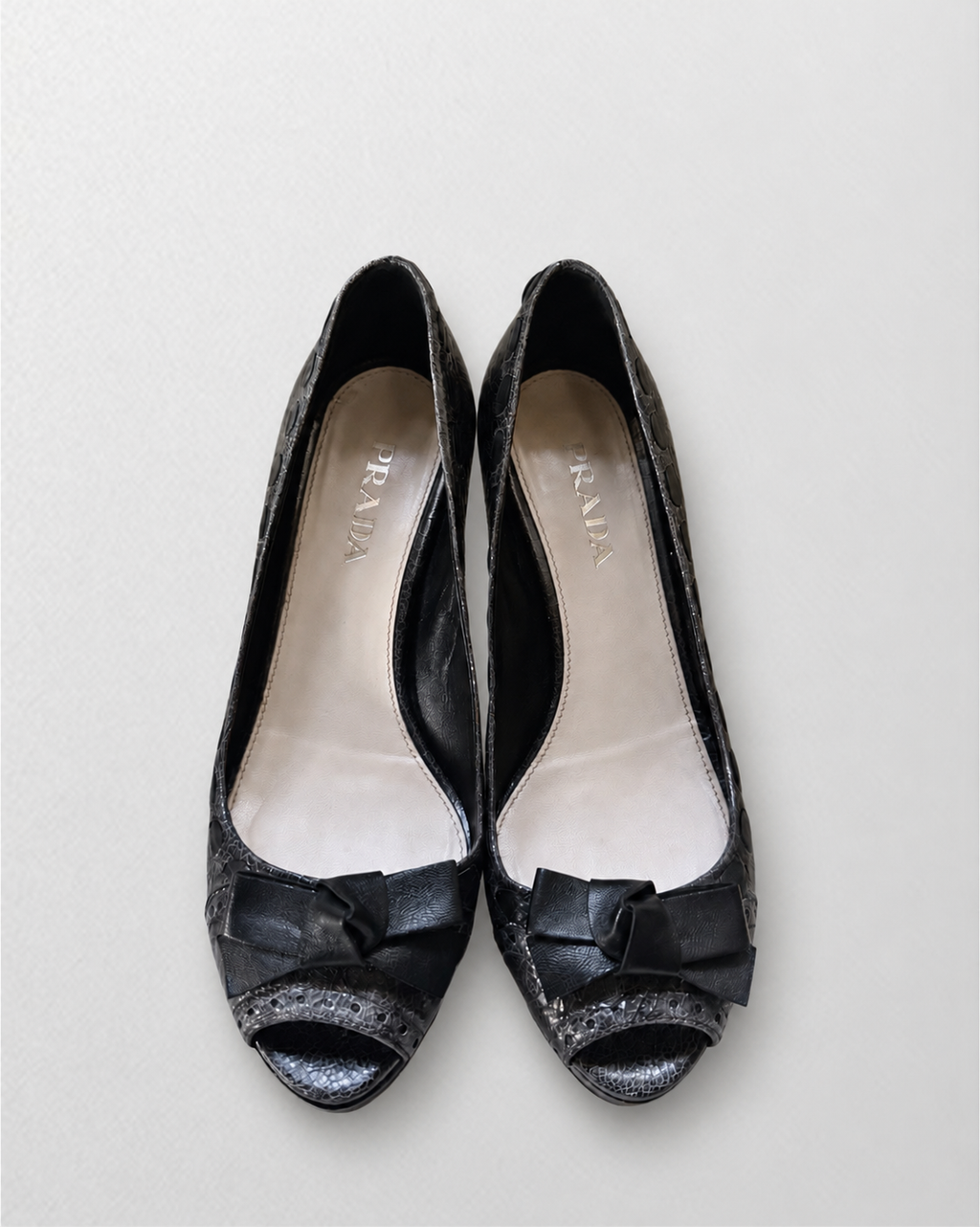 Prada Black Textured Peep-Toe Pumps