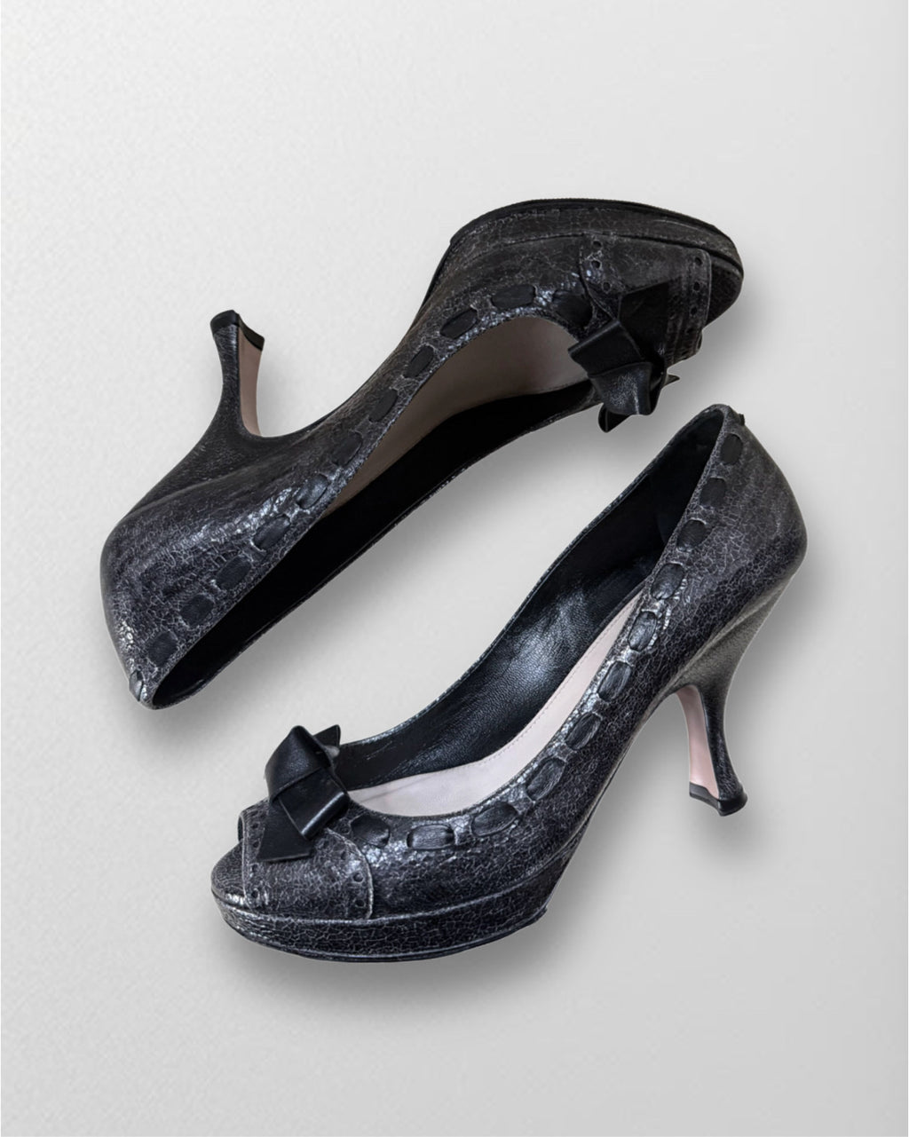 Prada Black Textured Peep-Toe Pumps