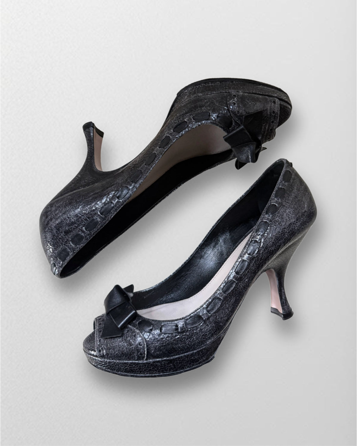 Prada Black Textured Peep-Toe Pumps