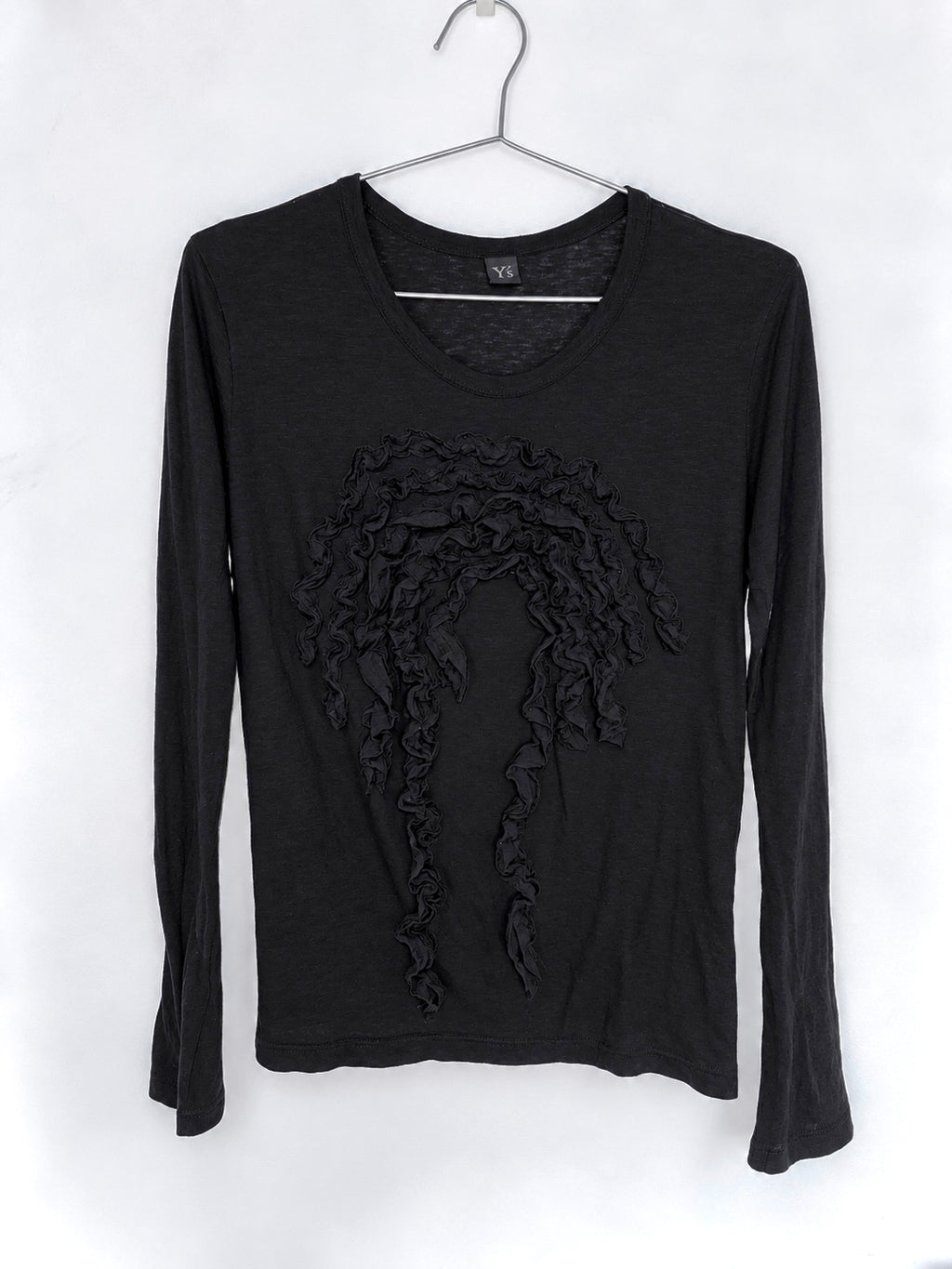 Y's Black Ruffle Detail Long Sleeve Top