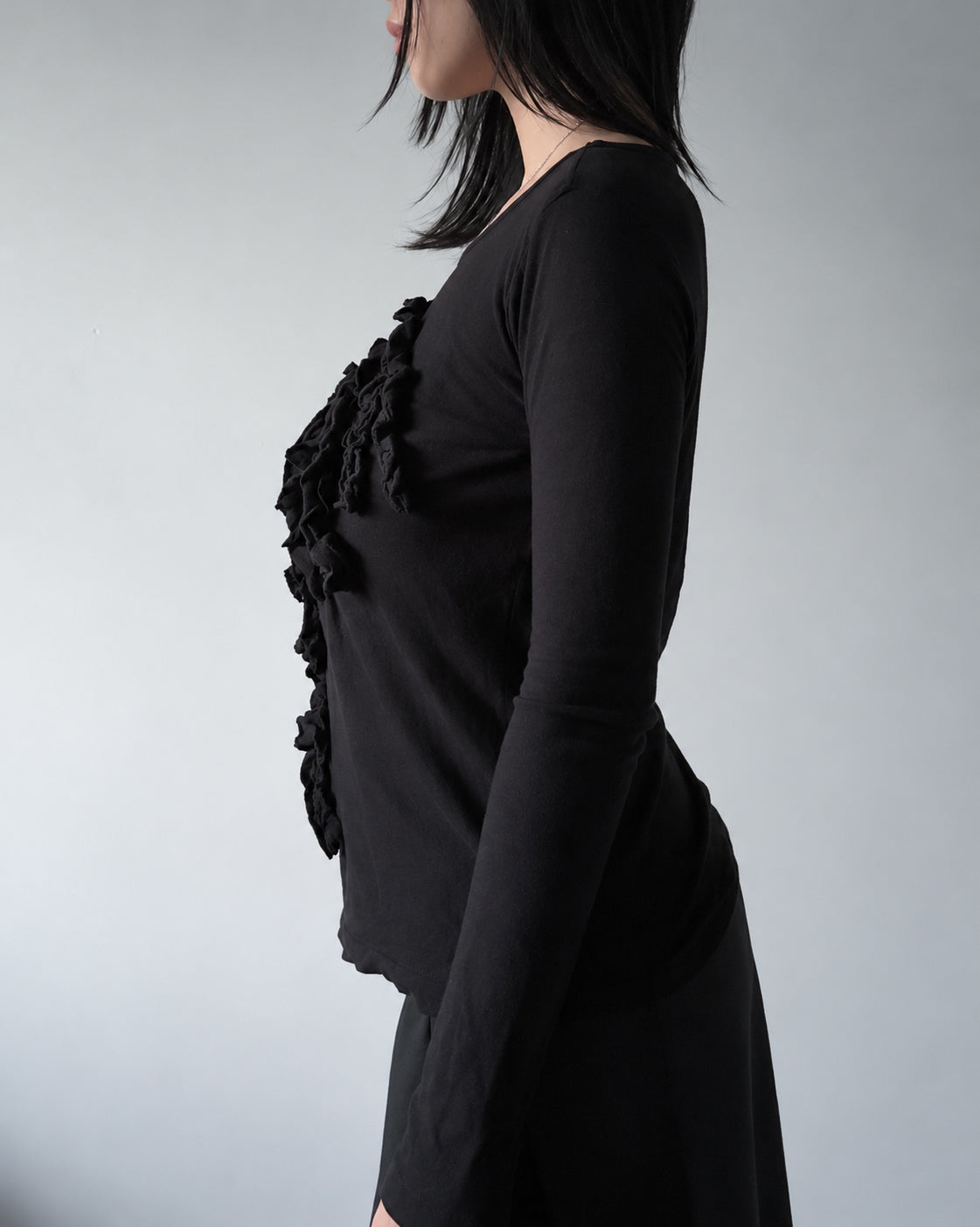 Y's Black Ruffle Detail Long Sleeve Top