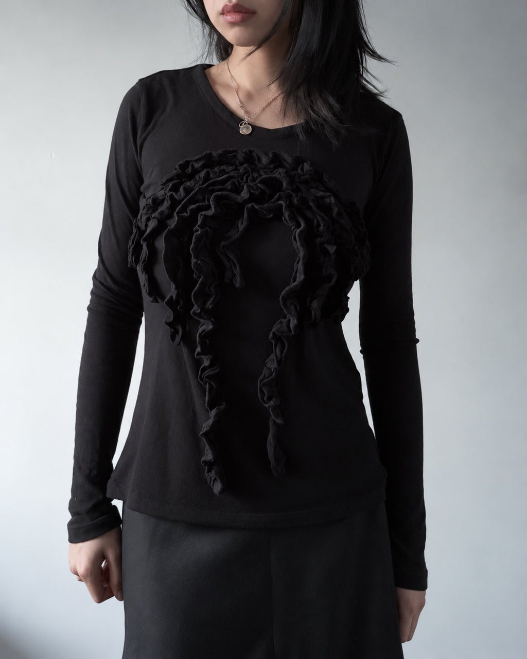 Y's Black Ruffle Detail Long Sleeve Top