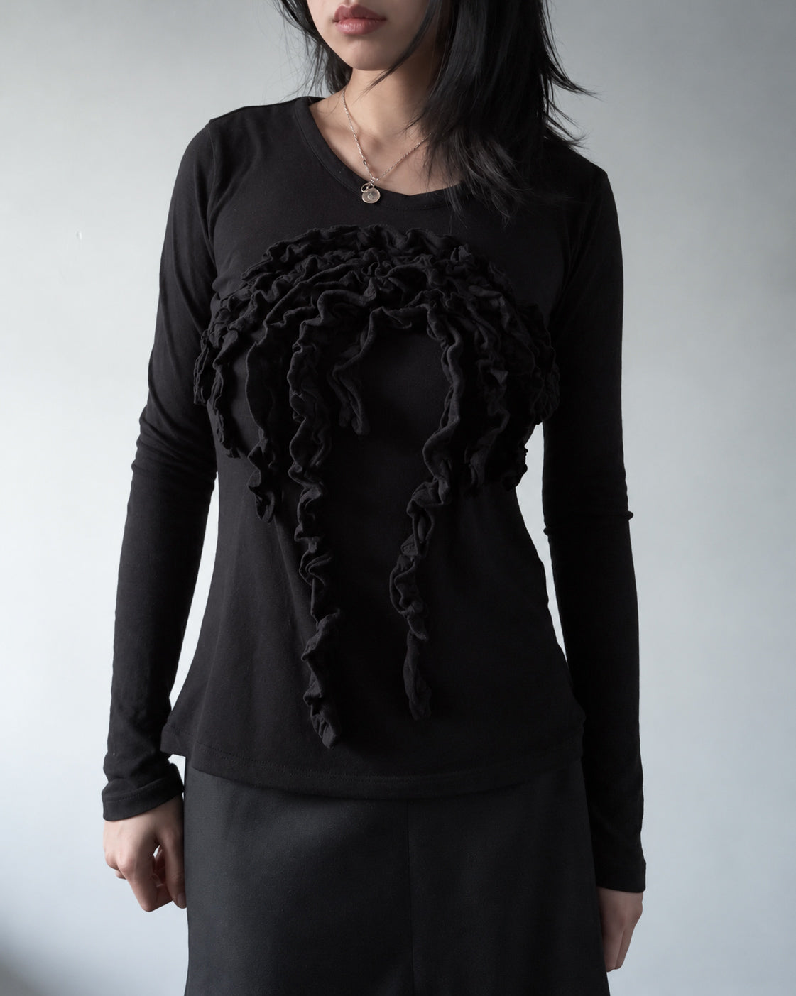 Y's Black Ruffle Detail Long Sleeve Top
